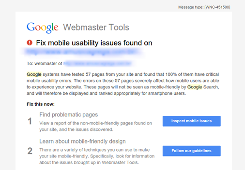 Site responsivo o que é e qual a sua importância - Email do Google alertando para problemas de usabilidade
